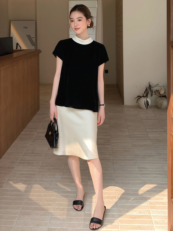 【tops】ベルベット半袖配色トップス Q8752