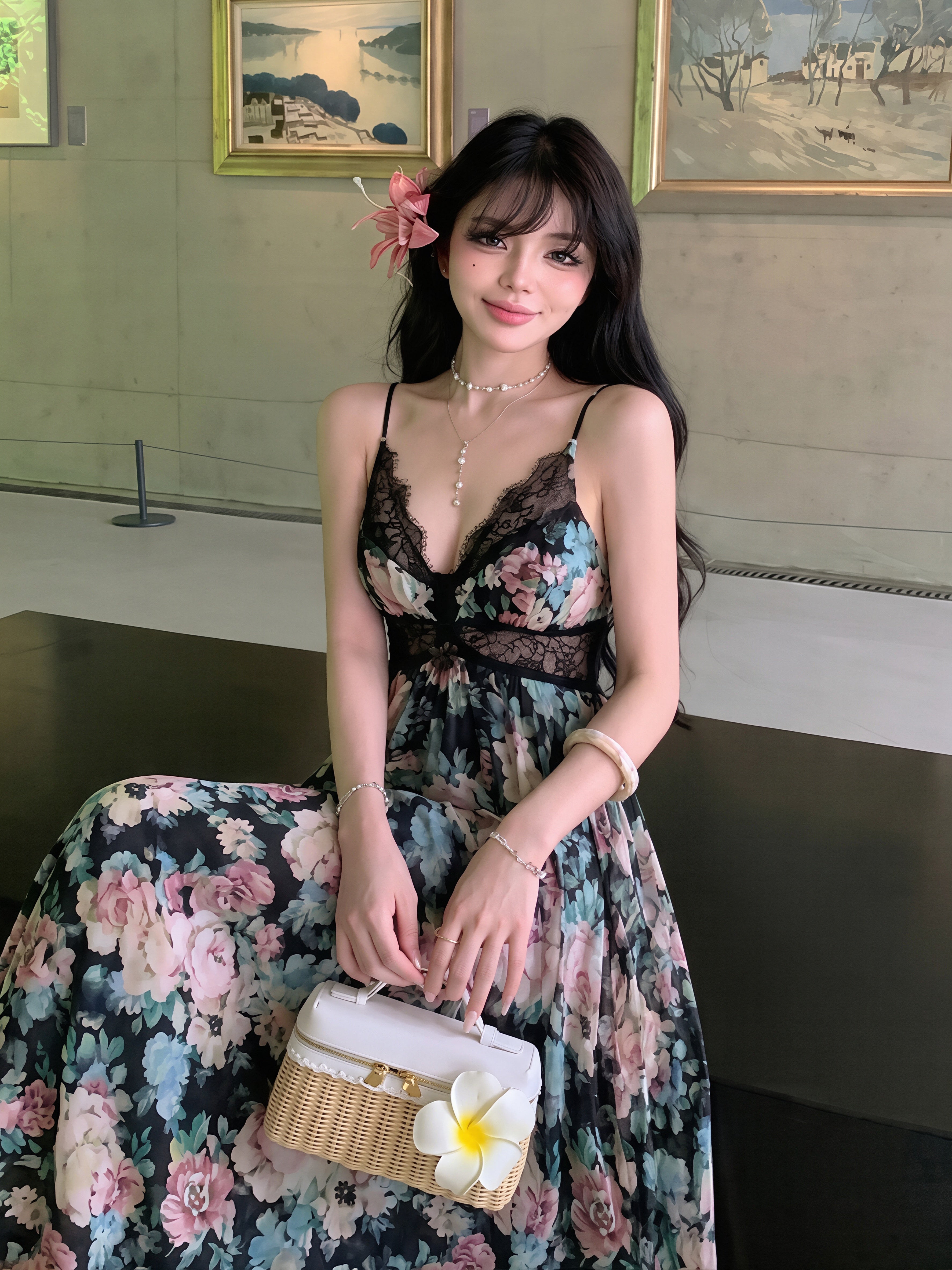 dress】フラワー柄レースドッキングロングキャミワンピース Q8728