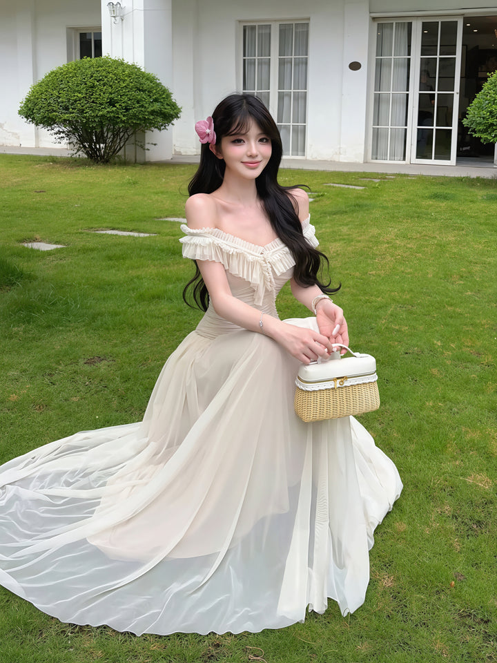 【dress】オフショルダーシアーチュールロングワンピース Q8850