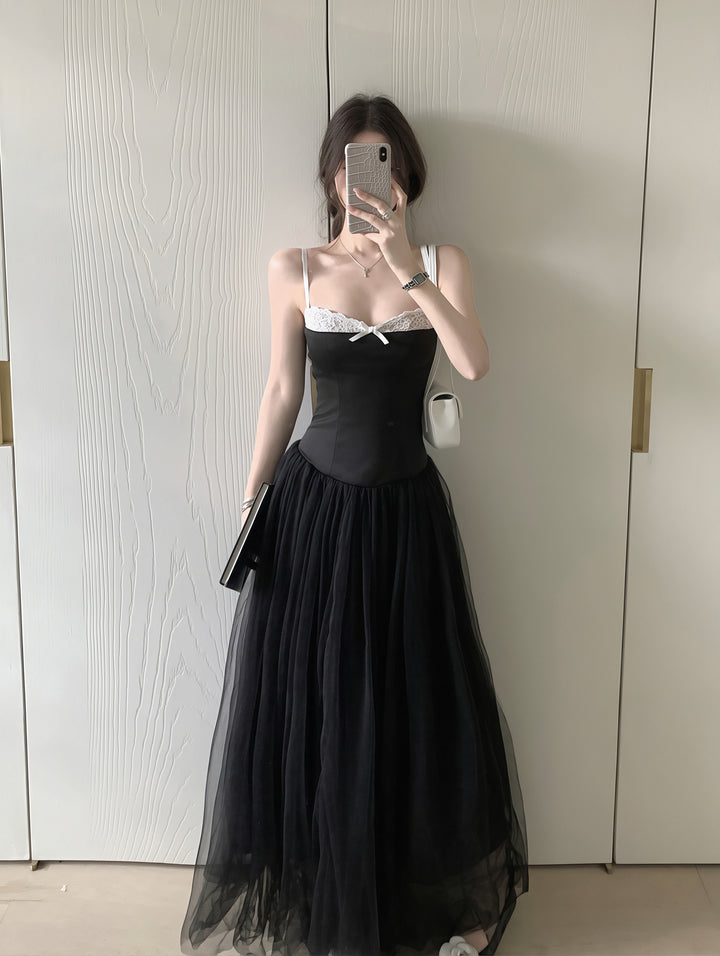 【dress】チュールドッキングAラインロングキャミワンピース Q8867