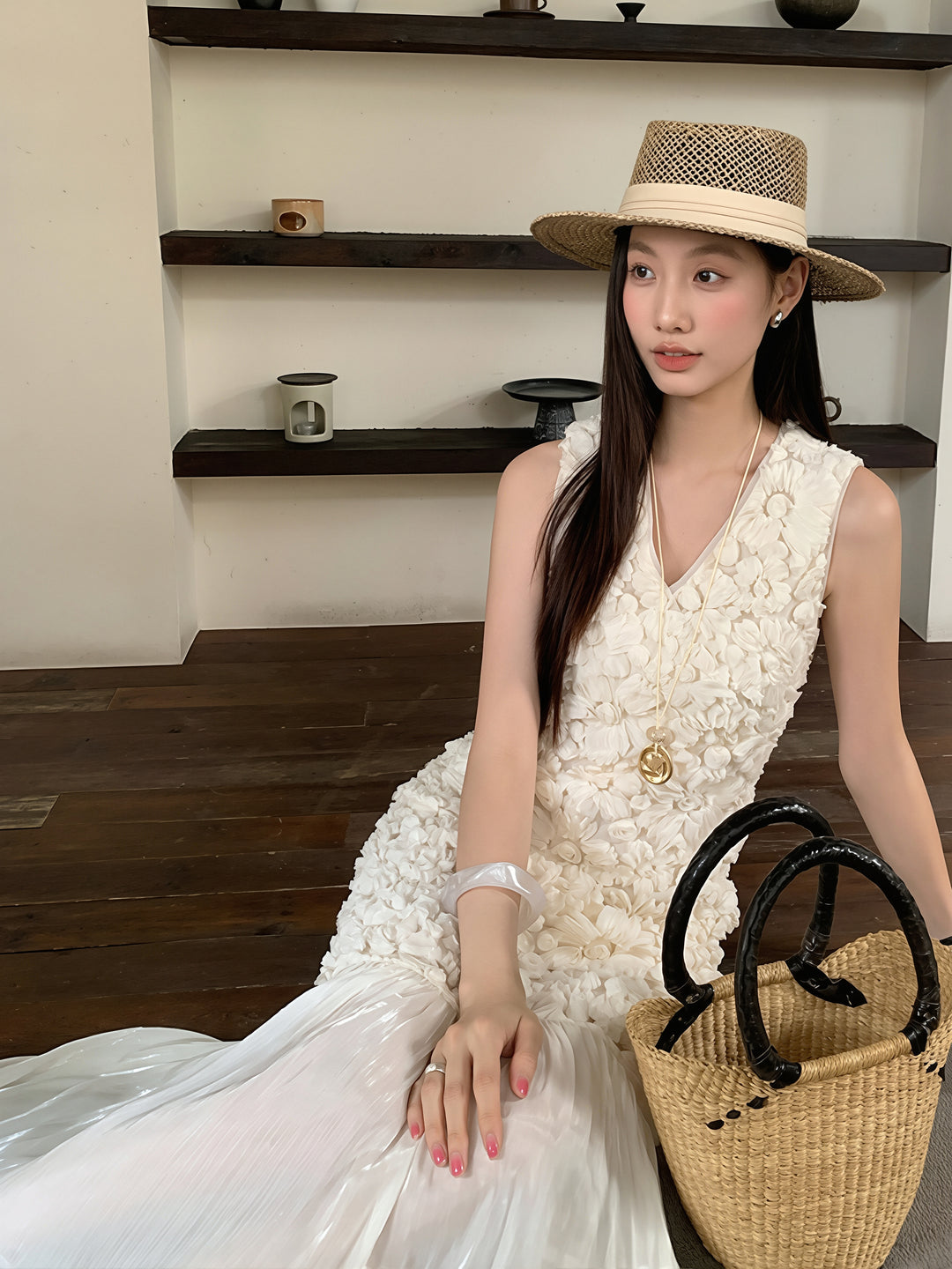 【dress】Vネックチュールドッキングロングベストワンピース Q8824