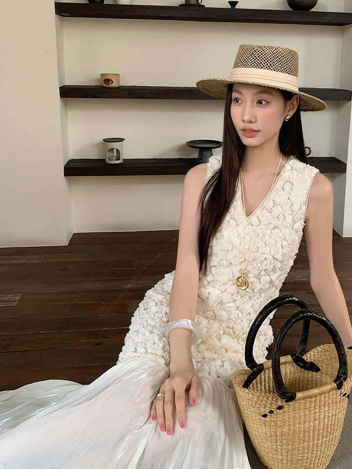 【dress】Vネックチュールドッキングロングベストワンピース Q8824