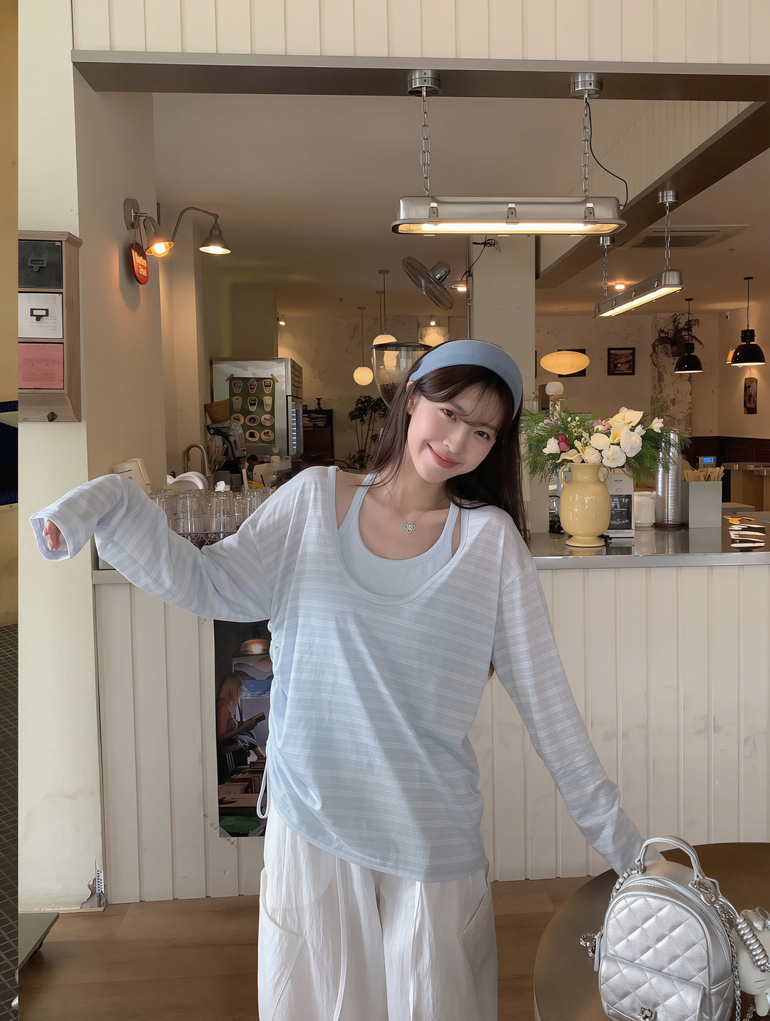 【set】ボーダー柄トップス×キャミソールセット Q8862