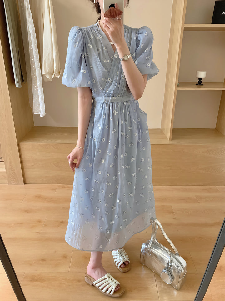 【dress】クロスネックフラワー柄ロングワンピース Q8877