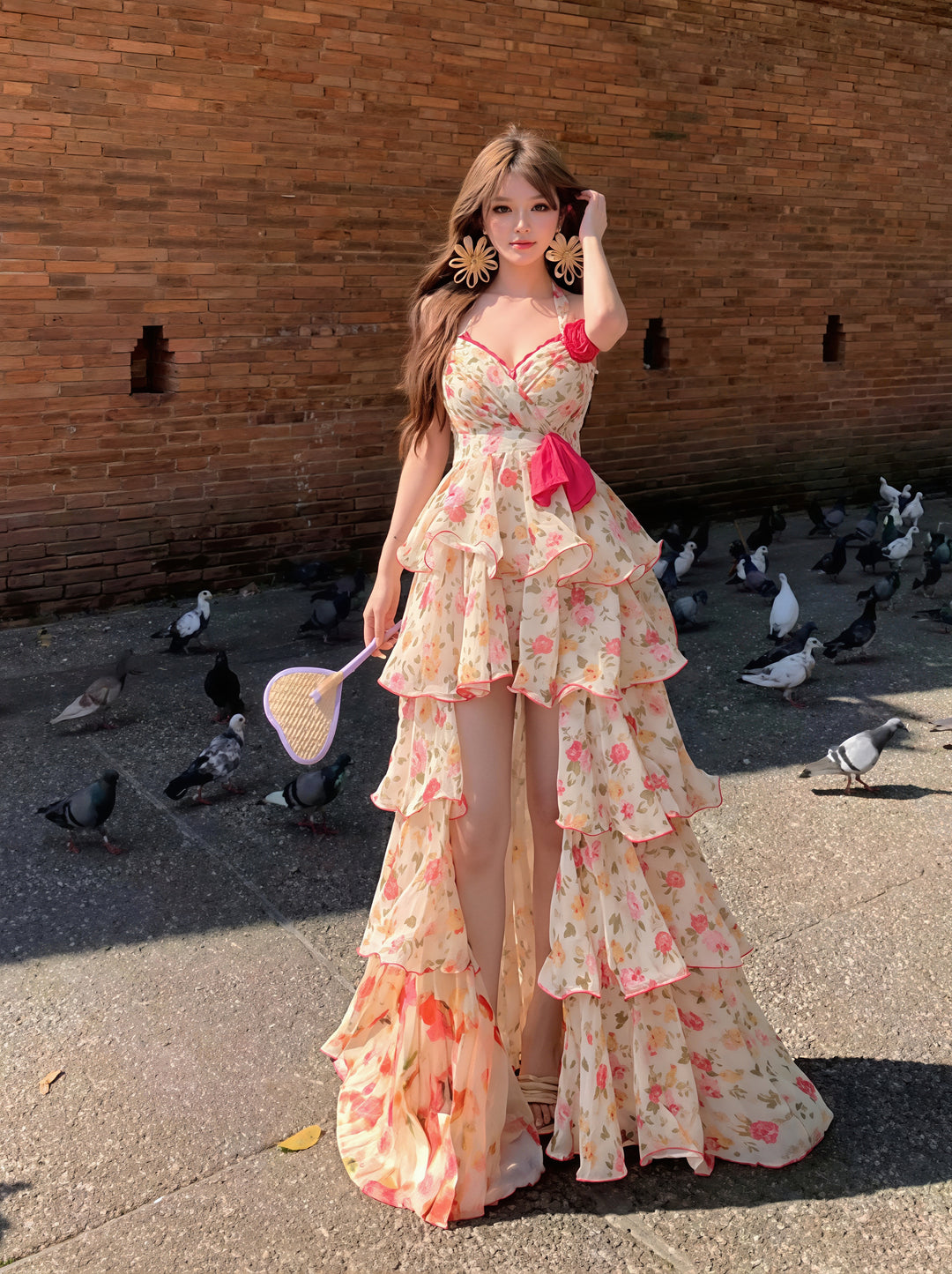 【dress】フラワー柄イレヘムロングキャミワンピース Q8851