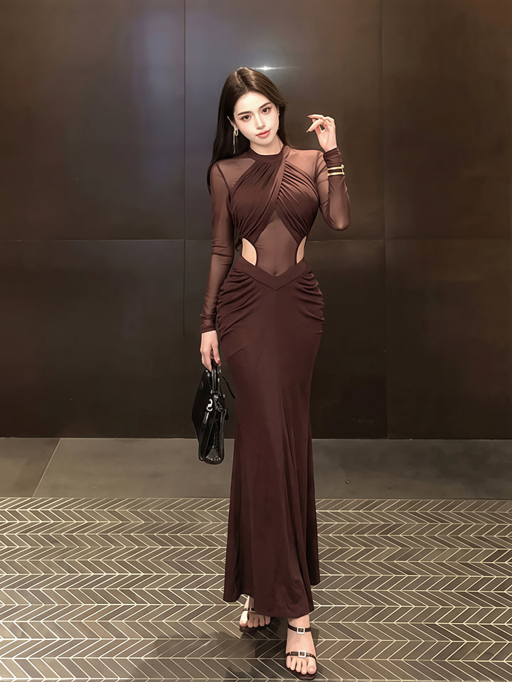 【dress】チュールドッキングウエストカットロングワンピース Q8831