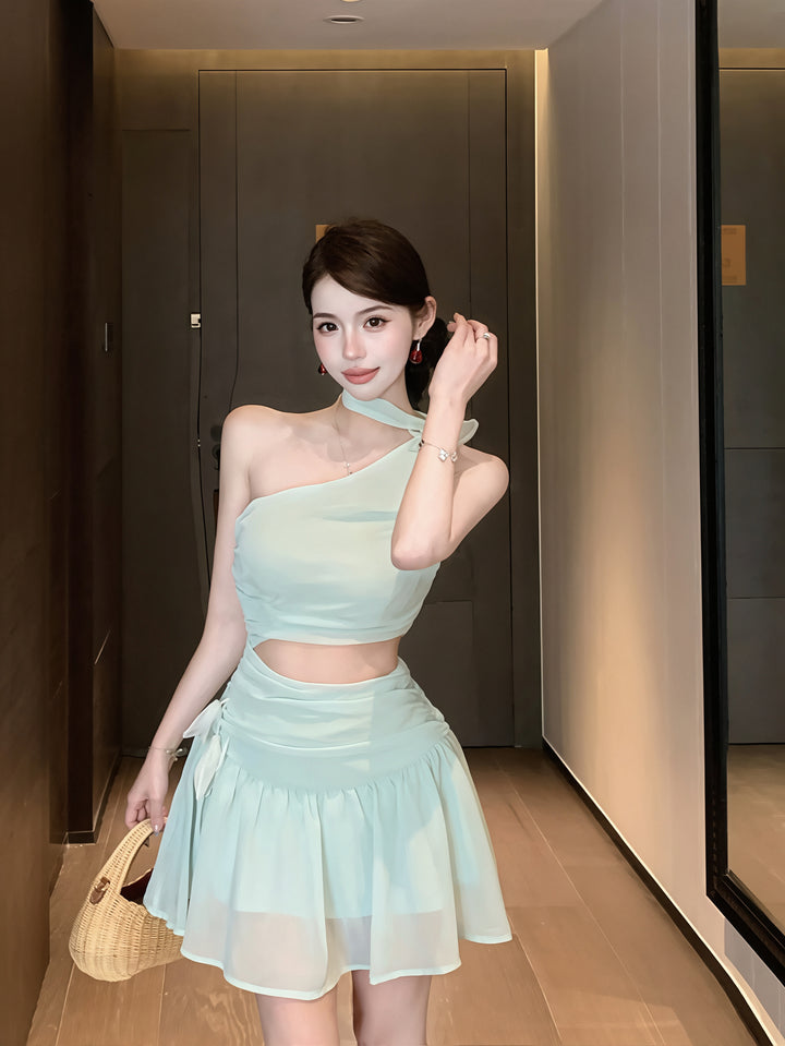 【dress】ワンショルダー腰カットシフォンワンピース Q8718