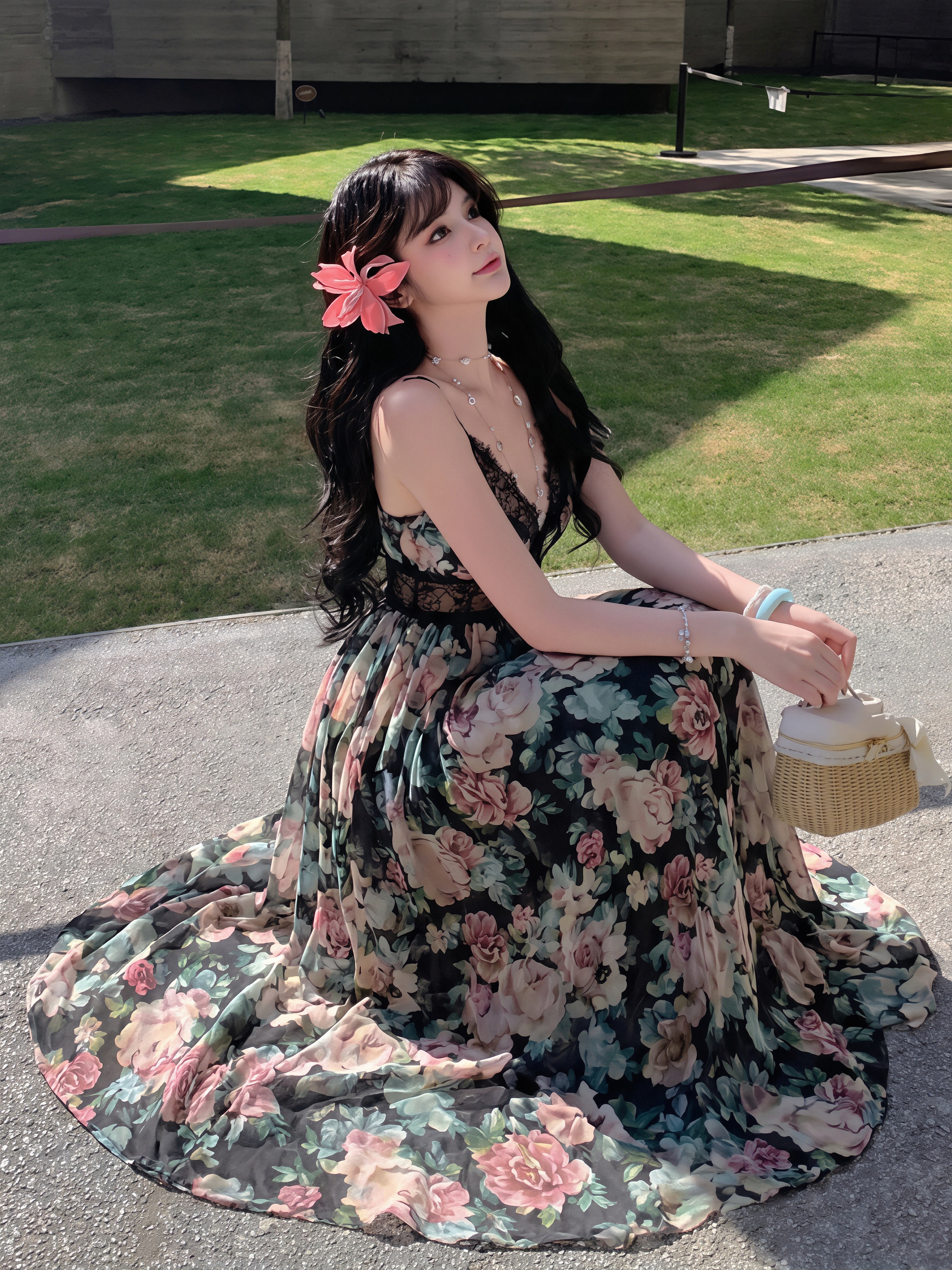 dress】フラワー柄レースドッキングロングキャミワンピース Q8728