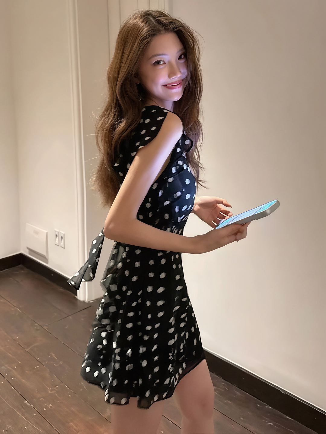 【dress】ノースリーブドット柄ワンピース Q8710