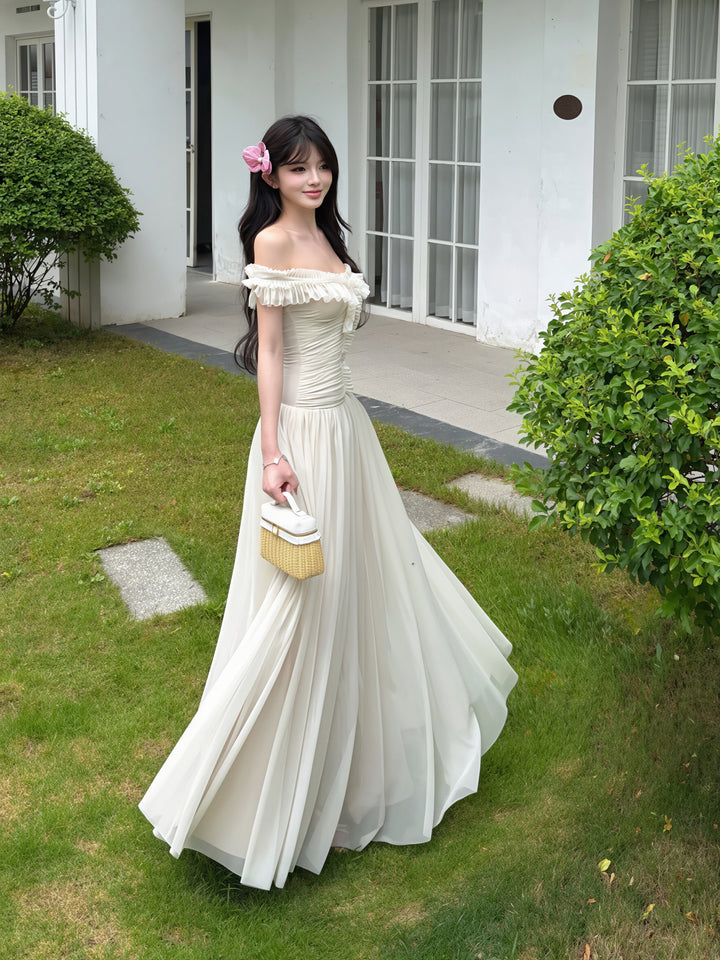 【dress】オフショルダーシアーチュールロングワンピース Q8850