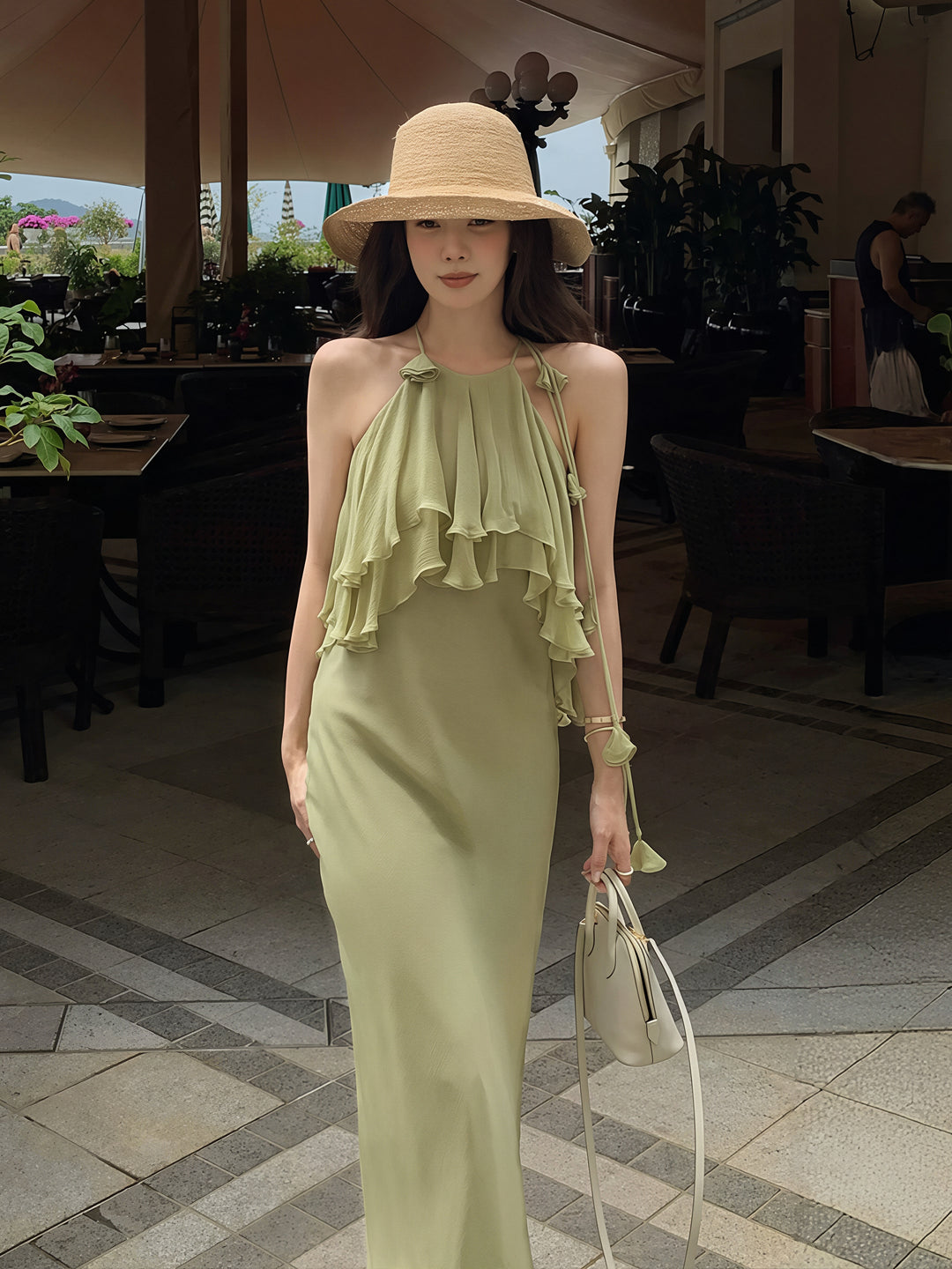 【dress】ホルターネックギャザーフリルロングワンピース Q8870