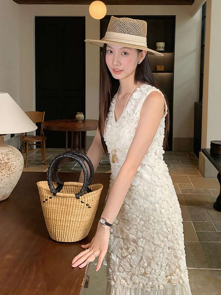 【dress】Vネックチュールドッキングロングベストワンピース Q8824