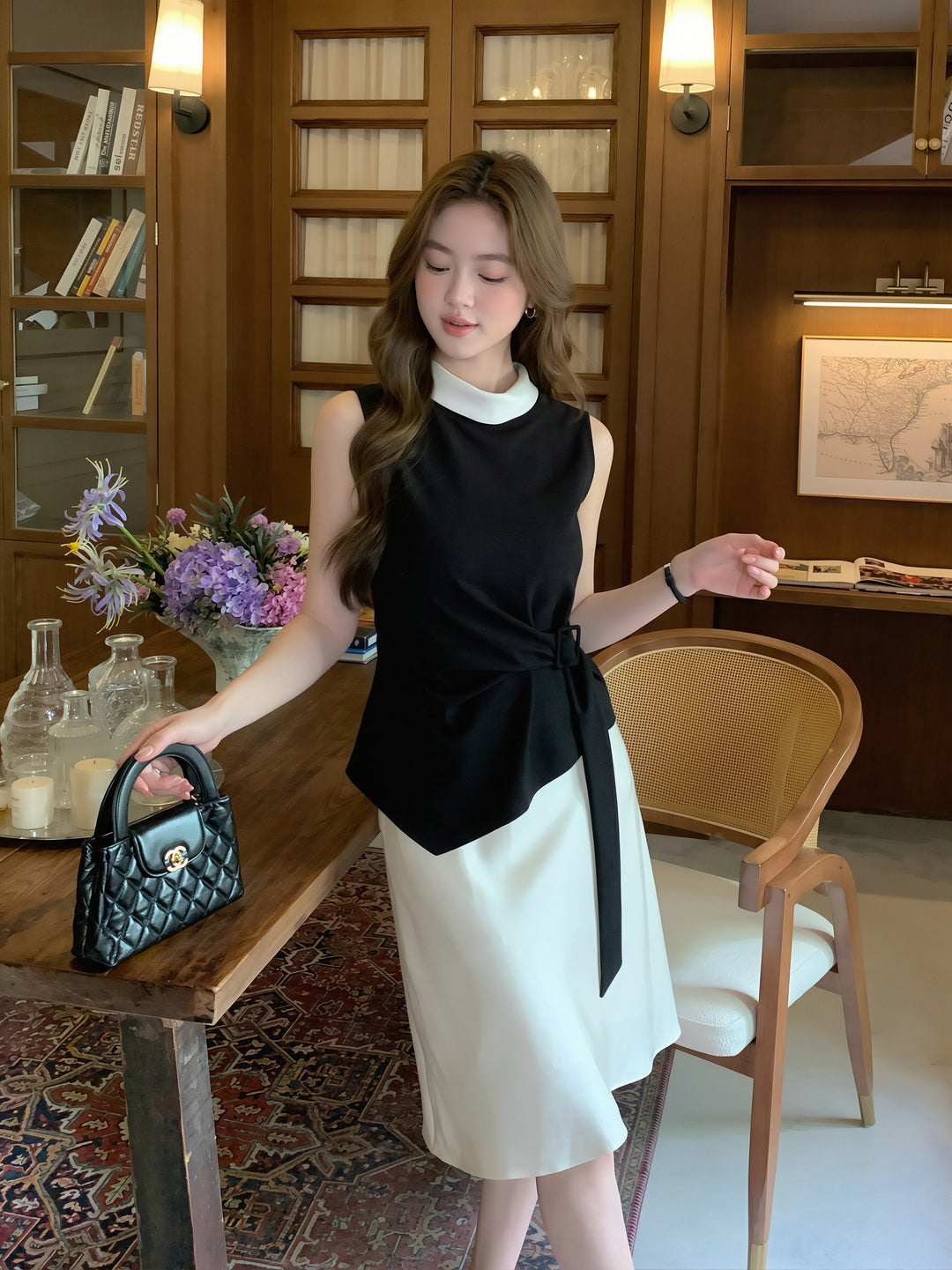 【tops】イレヘムノースリーブ配色トップス Q8750