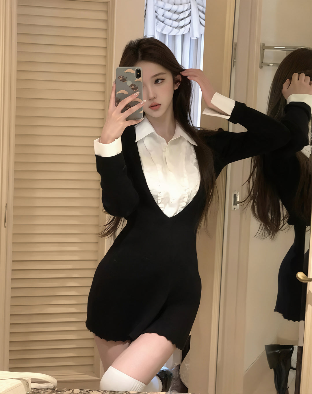 【dress】ニットドッキングフェイクレイヤードワンピース Q8994
