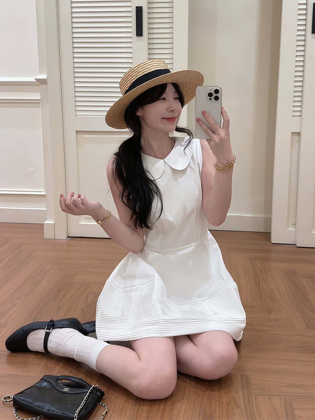 【dress】ピーターパンカラーノースリーブAラインワンピース Q8828