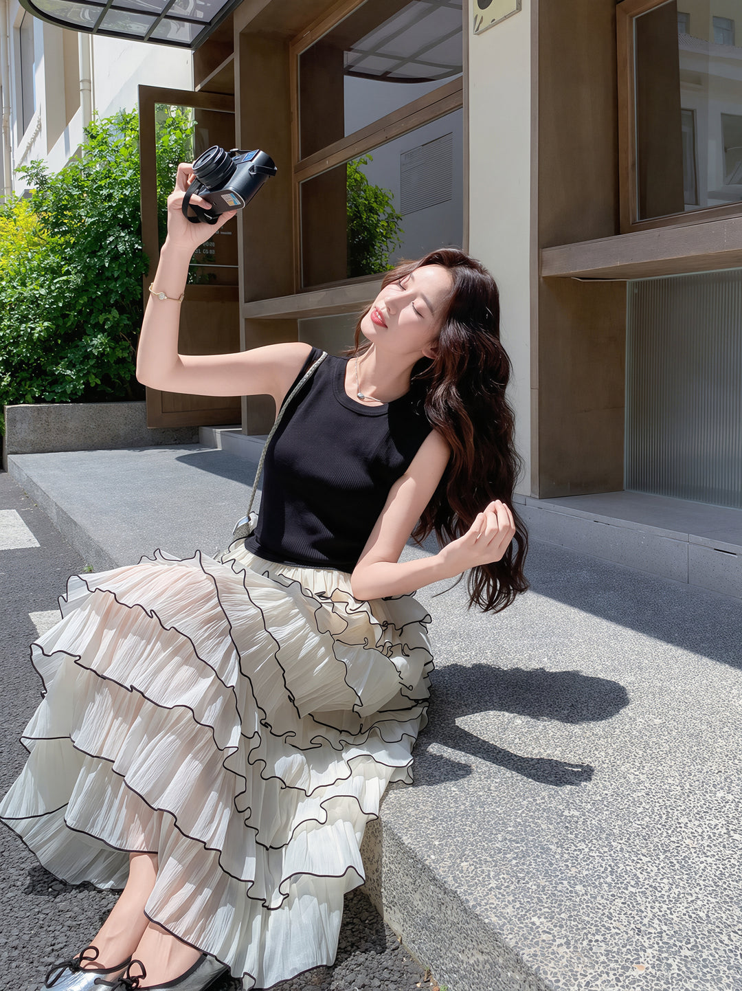【dress】ノースリーブロングティアードワンピース Q8810