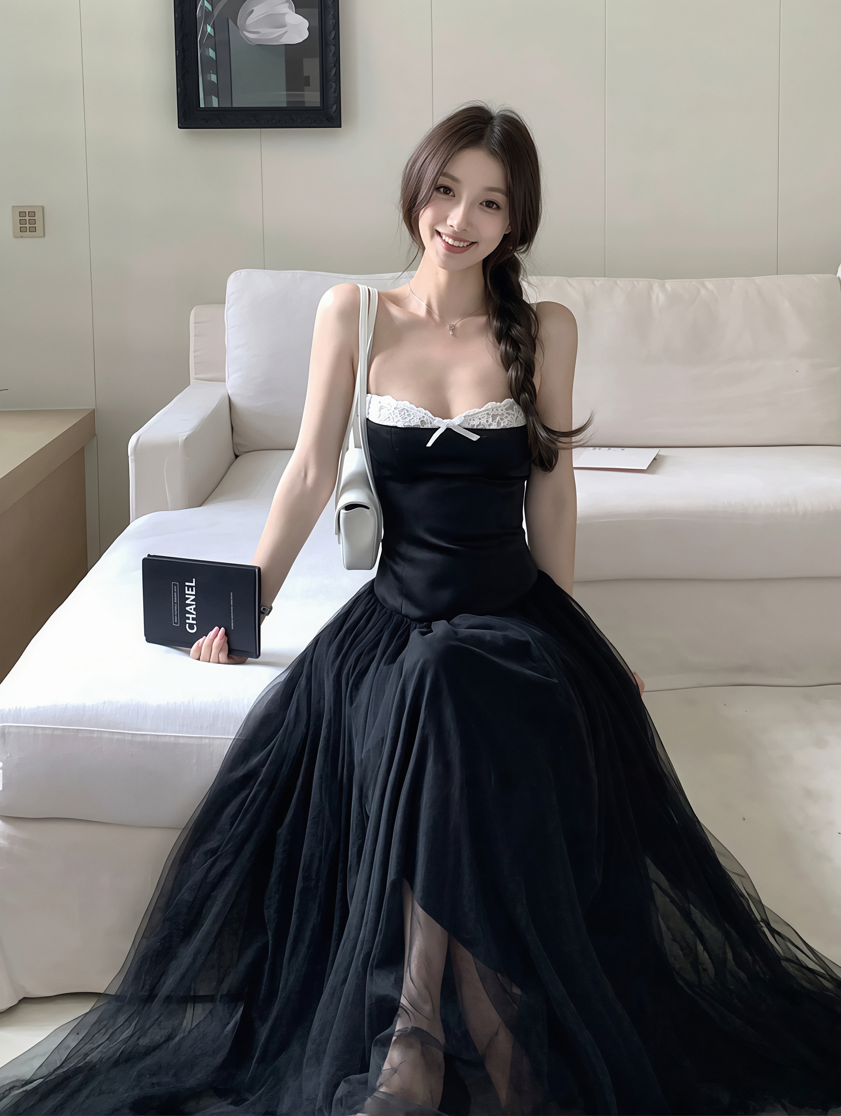 dress】チュールドッキングAラインロングキャミワンピース Q8867