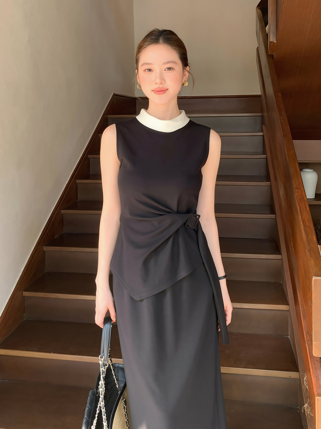 【tops】イレヘムノースリーブ配色トップス Q8750