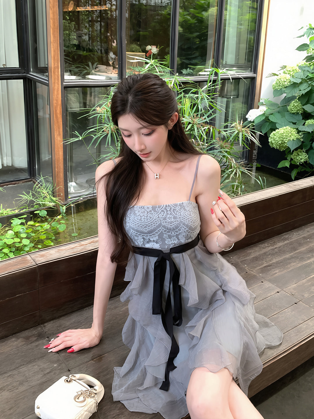 【dress】レースドッキングミニキャミワンピース Q8866