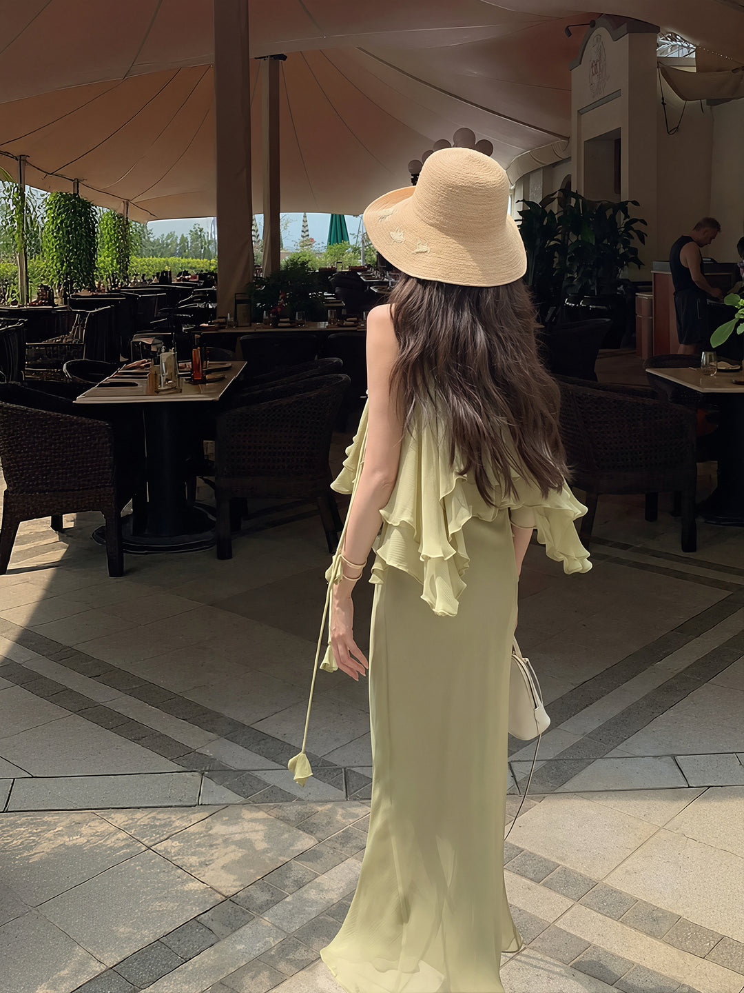 【dress】ホルターネックギャザーフリルロングワンピース Q8870
