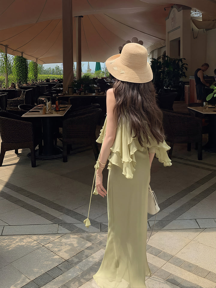 【dress】ホルターネックギャザーフリルロングワンピース Q8870