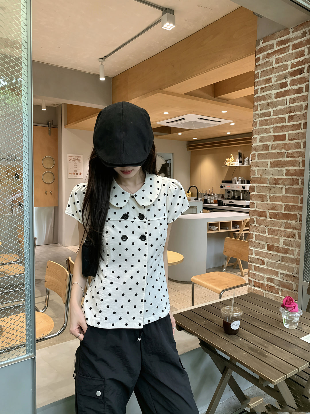 【tops】ドット柄ピーターパンカラートップス Q8858