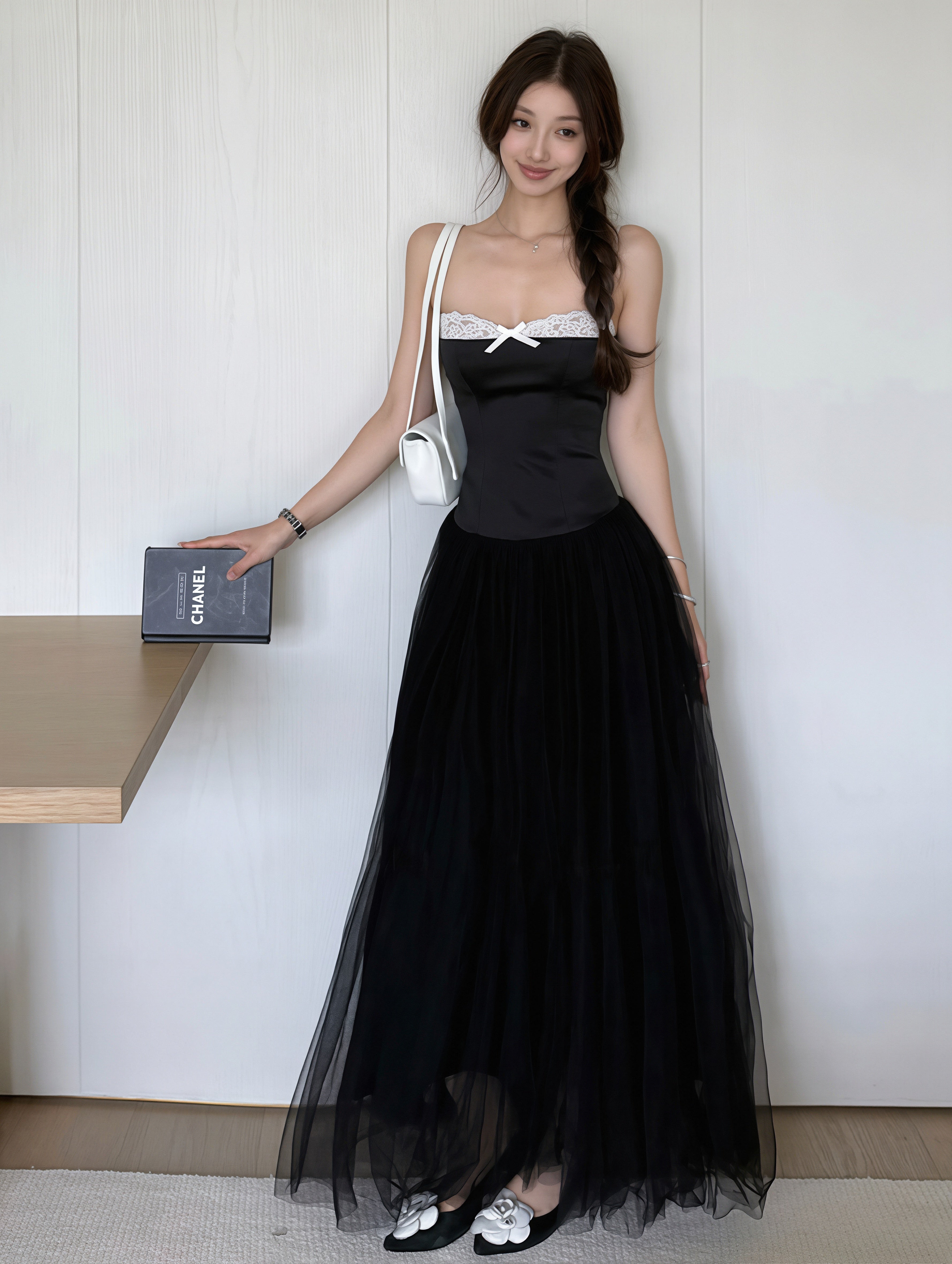 dress】チュールドッキングAラインロングキャミワンピース Q8867
