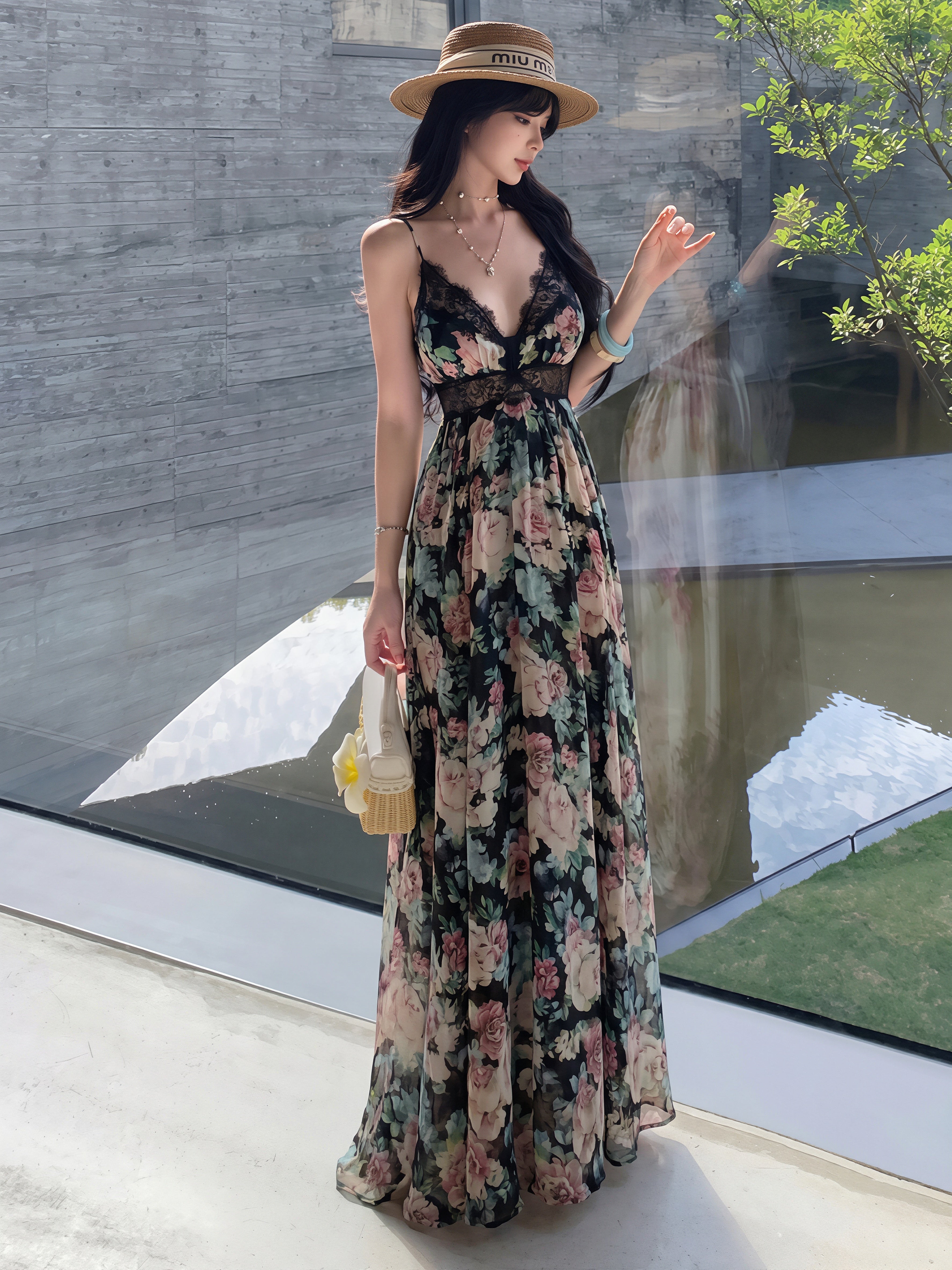 dress】フラワー柄レースドッキングロングキャミワンピース Q8728