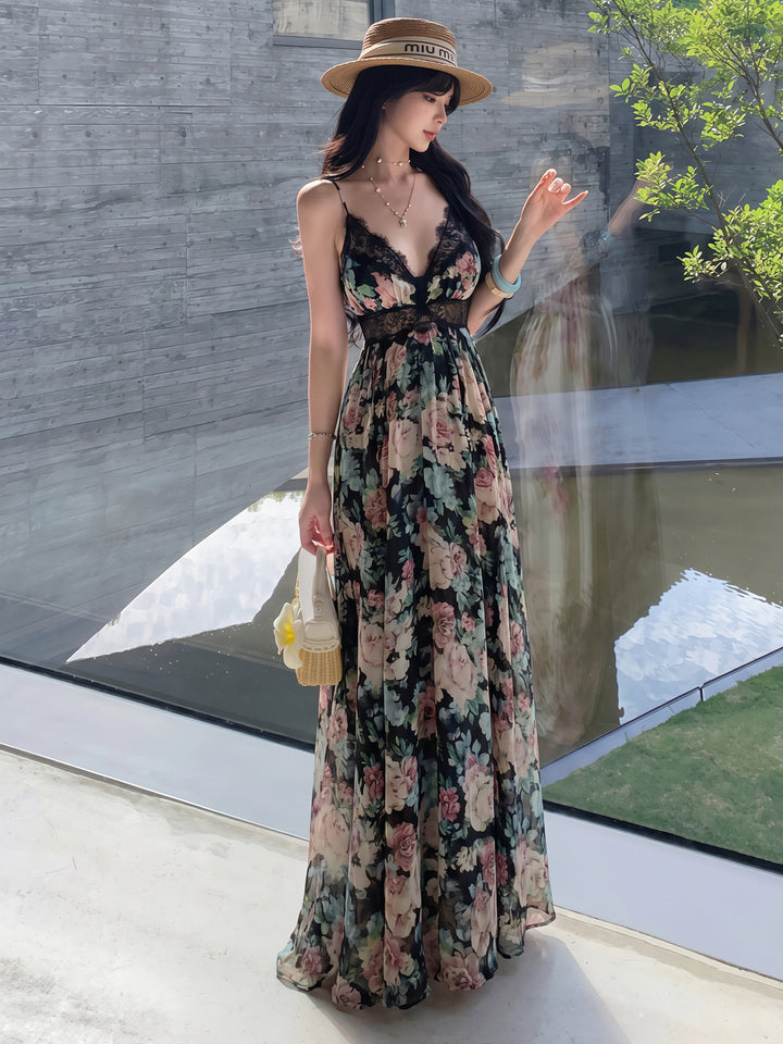 【dress】フラワー柄レースドッキングロングキャミワンピース Q8728