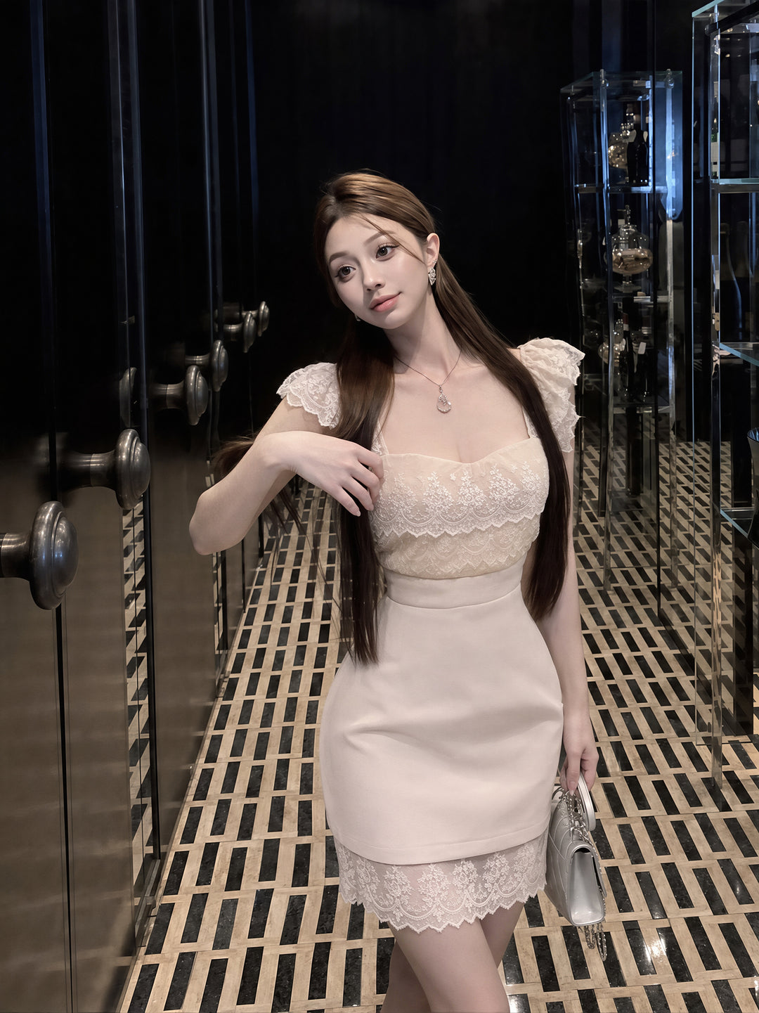 【dress】フラッタースリーブレースワンピース Q8778
