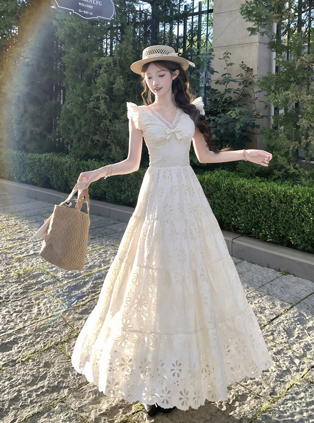 【dress】フラッタースリーブロングレースワンピース Q8819