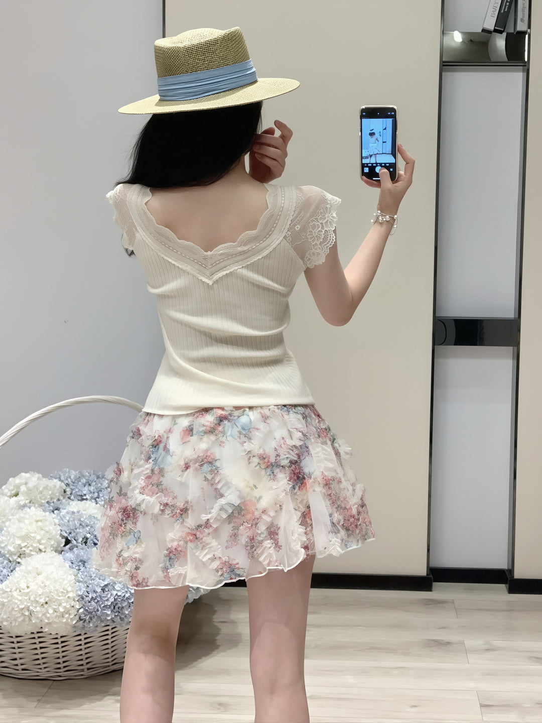 【set】レースドッキングトップス×フラワー柄スカートセット Q8816