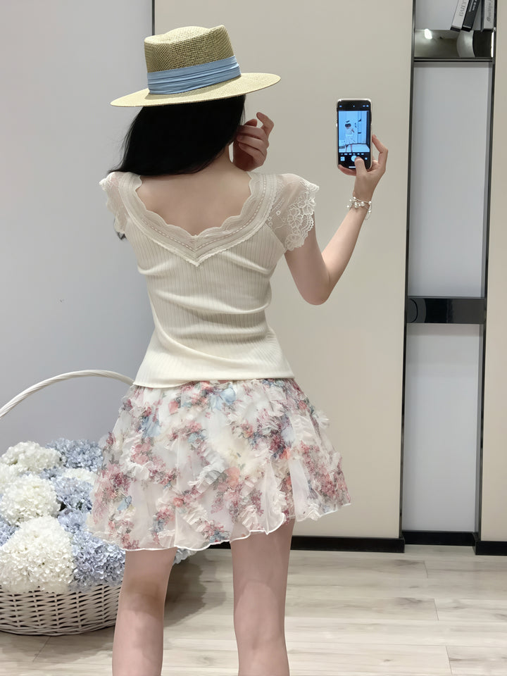 【set】レースドッキングトップス×フラワー柄スカートセット Q8816