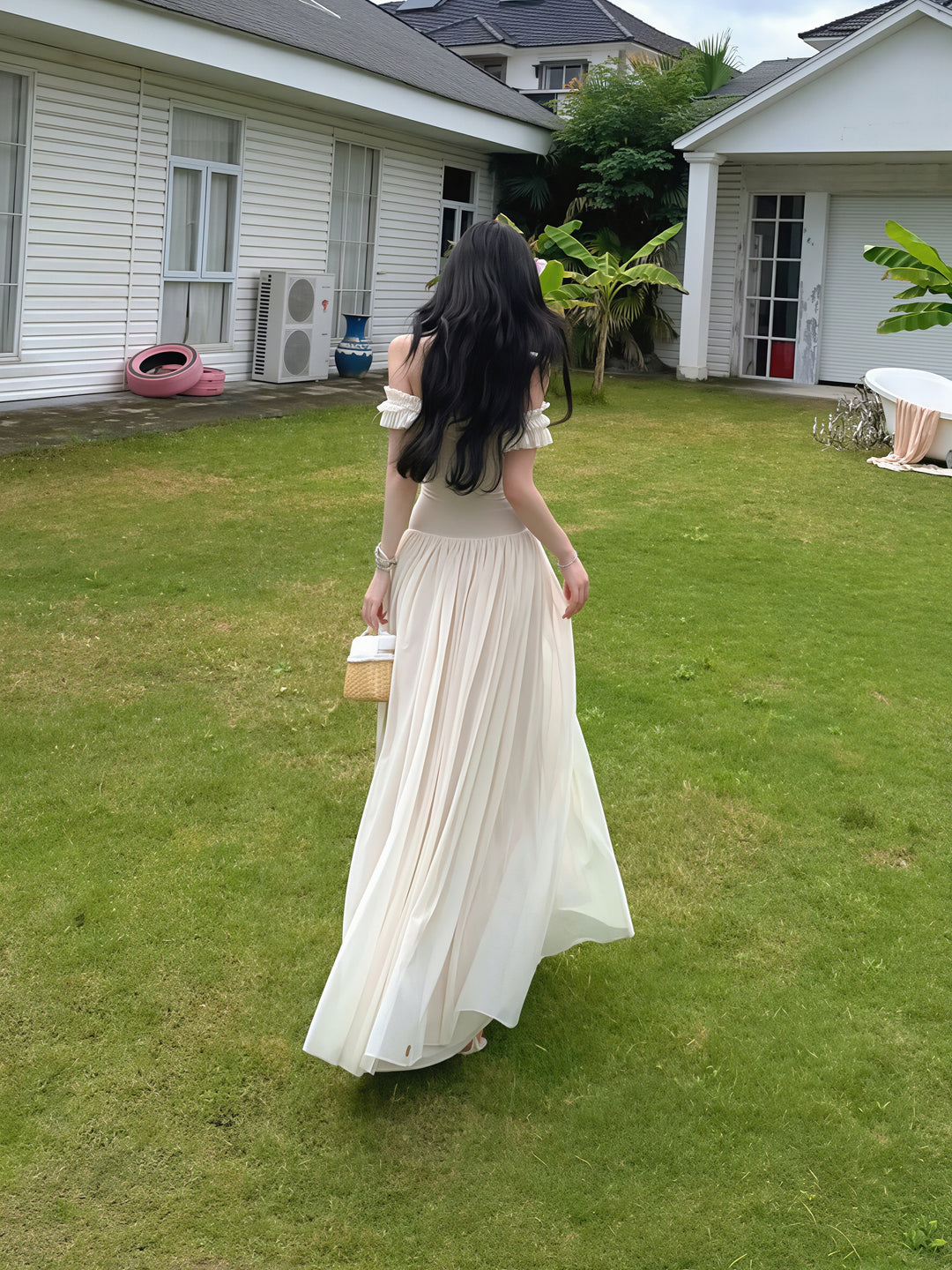 【dress】オフショルダーシアーチュールロングワンピース Q8850