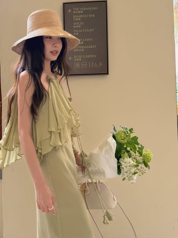 【dress】ホルターネックギャザーフリルロングワンピース Q8870