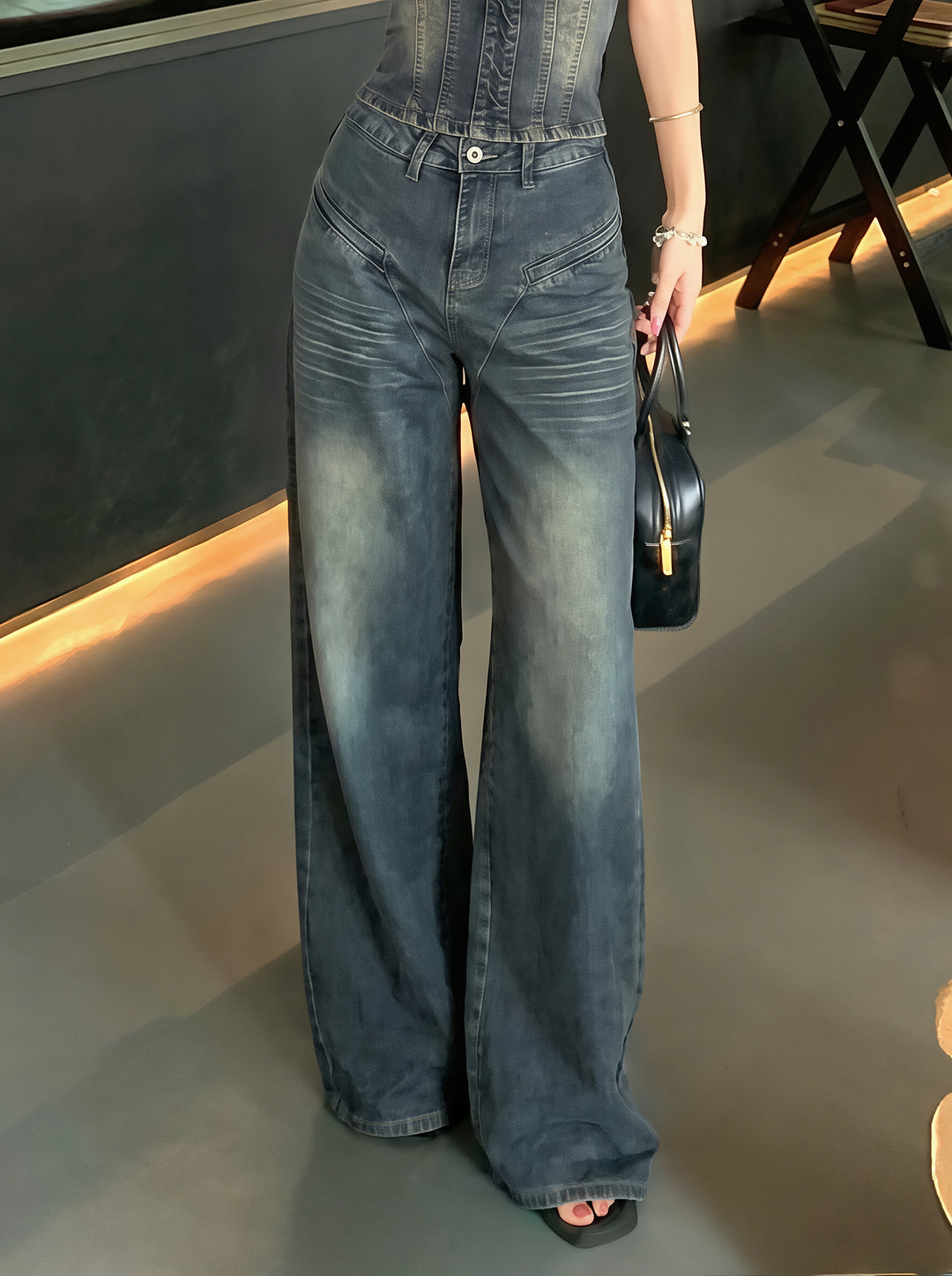 【set】デニムベアトップ×デニムワイドパンツセット Q8644