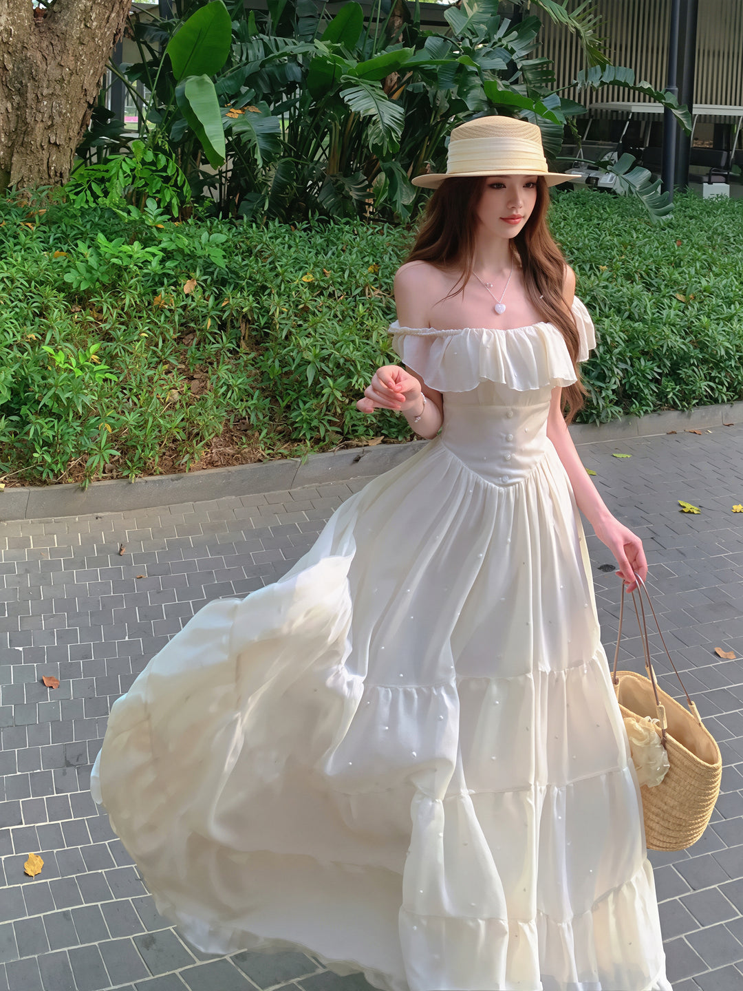 【dress】オフショルフリルロングワンピース Q8647