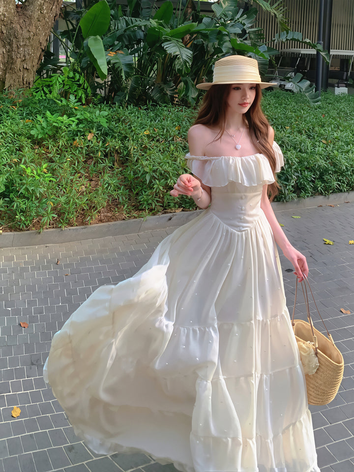 【dress】オフショルフリルロングワンピース Q8647