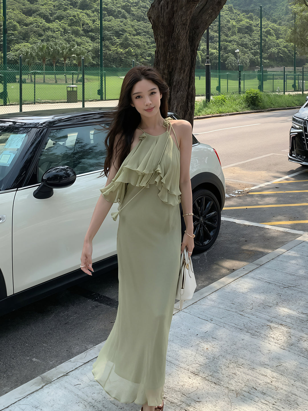 【dress】ホルターネックギャザーフリルロングワンピース Q8870