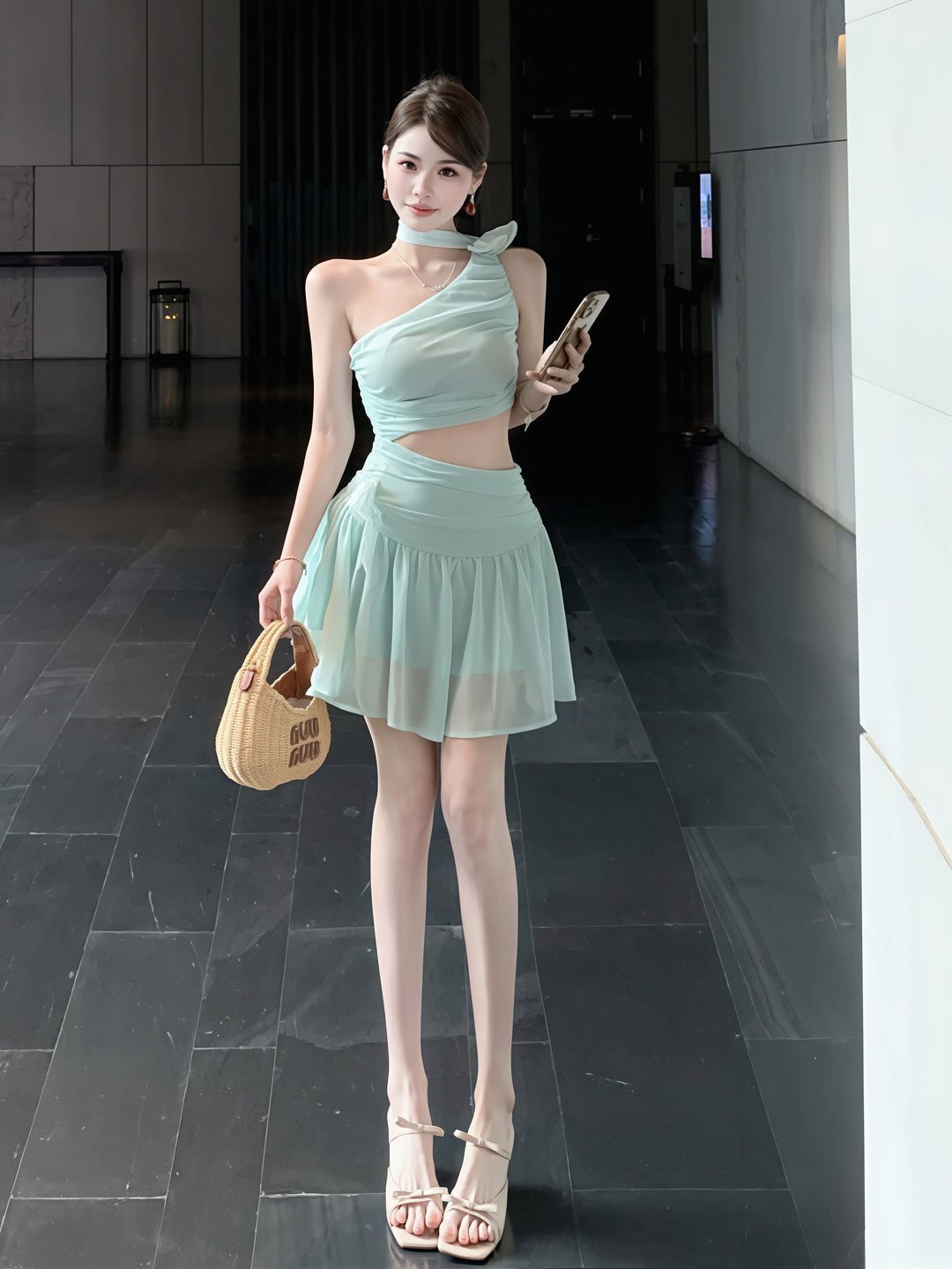 【dress】ワンショルダー腰カットシフォンワンピース Q8718