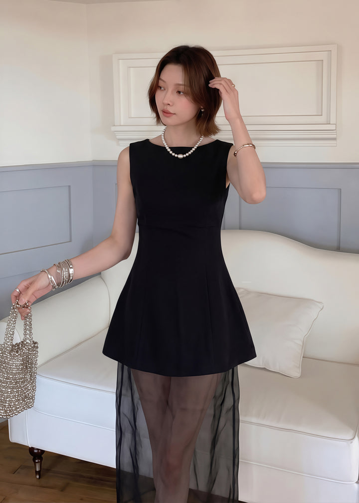 【set】バックオープンワンピース×シアーチュールスカートセット Q8815