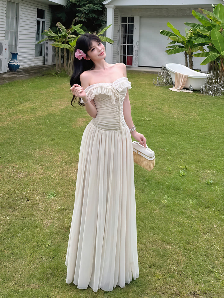 【dress】オフショルダーシアーチュールロングワンピース Q8850