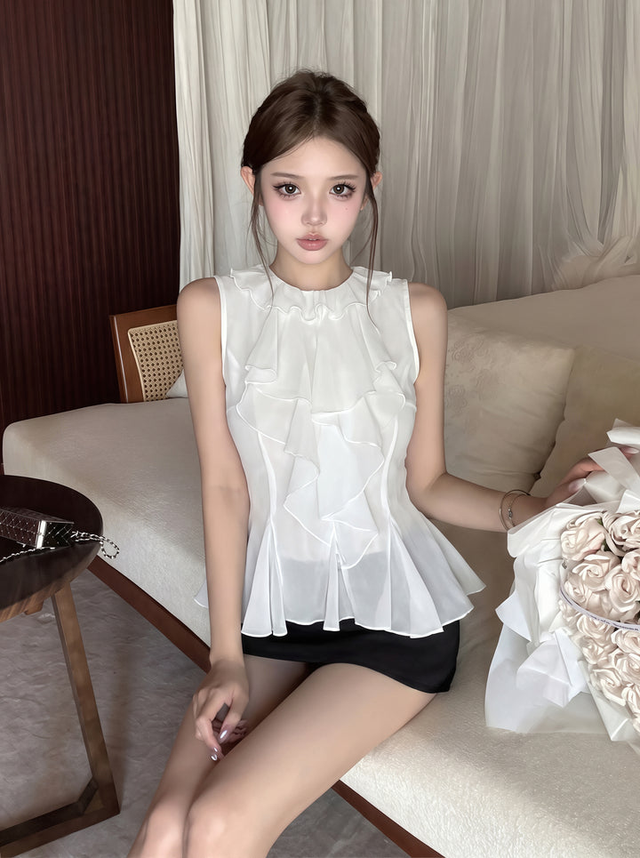 【tops】ノースリーブフリルカラーシャツ Q8733