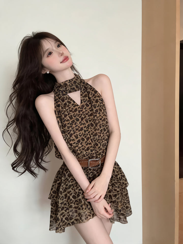 【dress】ノースリーブヒョウ柄ワンピース Q8897