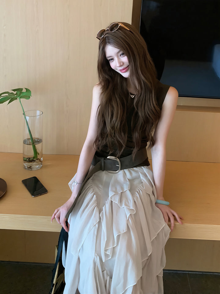 【set】ノースリーブバックオープントップス×ロングスカートセット Q8841