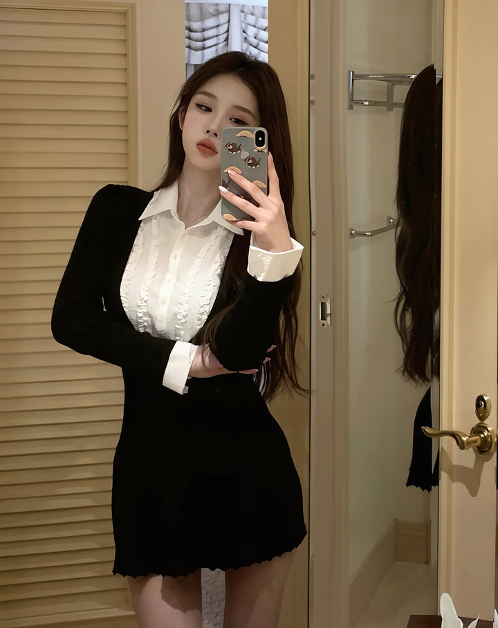 【dress】ニットドッキングフェイクレイヤードワンピース Q8994