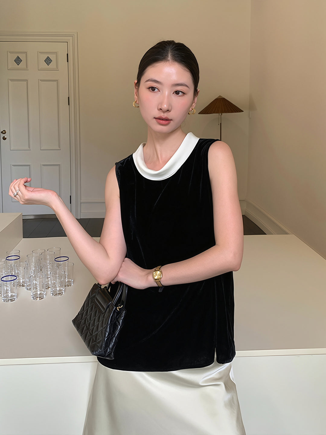 【tops】ベルベットノースリーブ配色トップス Q8751