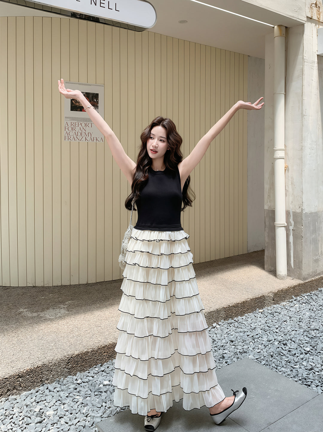 【dress】ノースリーブロングティアードワンピース Q8810