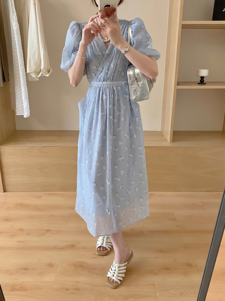 【dress】クロスネックフラワー柄ロングワンピース Q8877