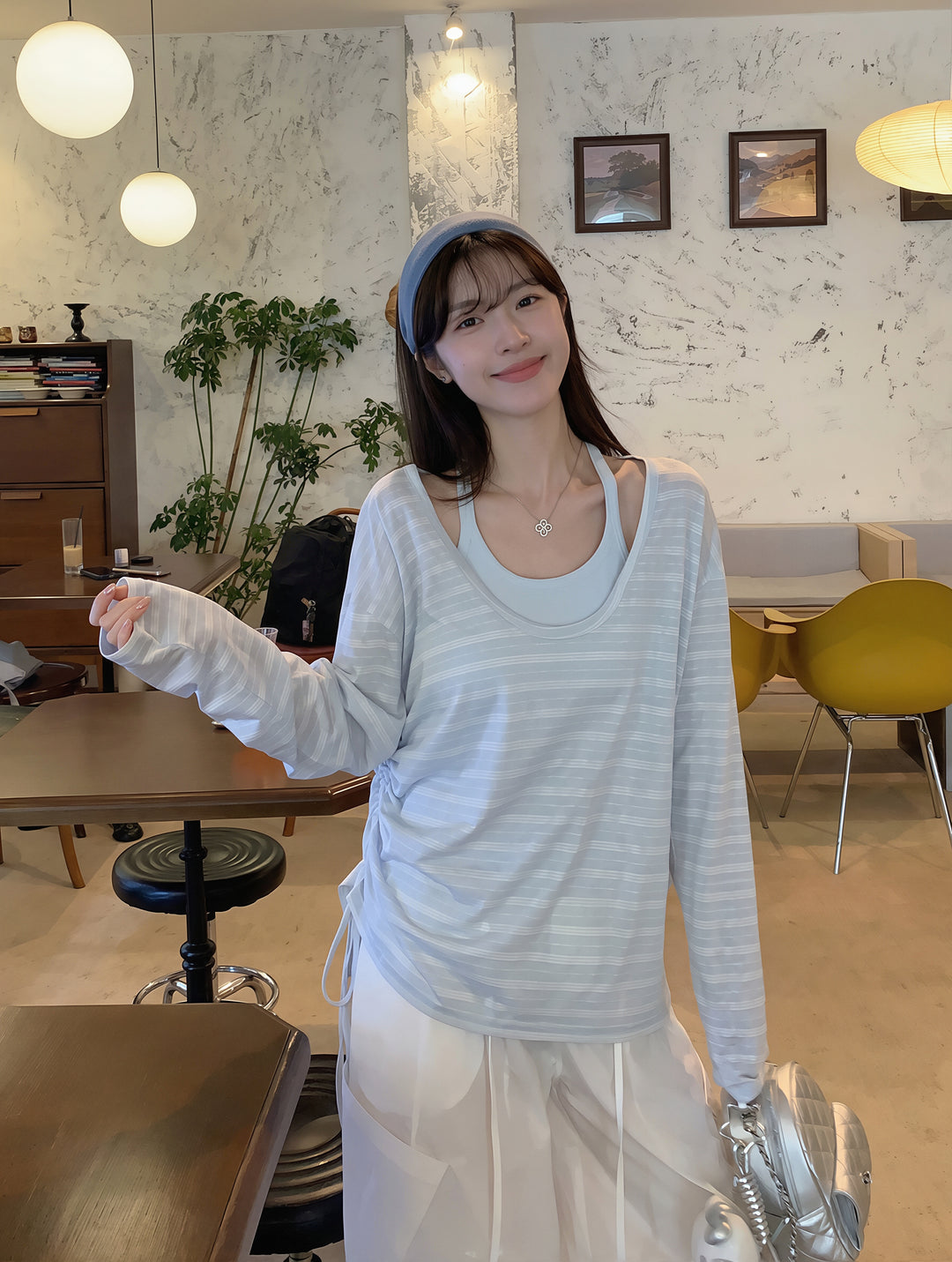 【set】ボーダー柄トップス×キャミソールセット Q8862